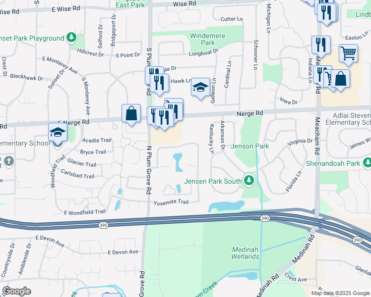 map of restaurants, bars, coffee shops, grocery stores, and more near 947 Cross Creek Drive North in Roselle