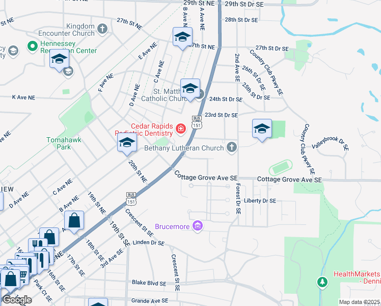 map of restaurants, bars, coffee shops, grocery stores, and more near 2200 1st Avenue Northeast in Cedar Rapids