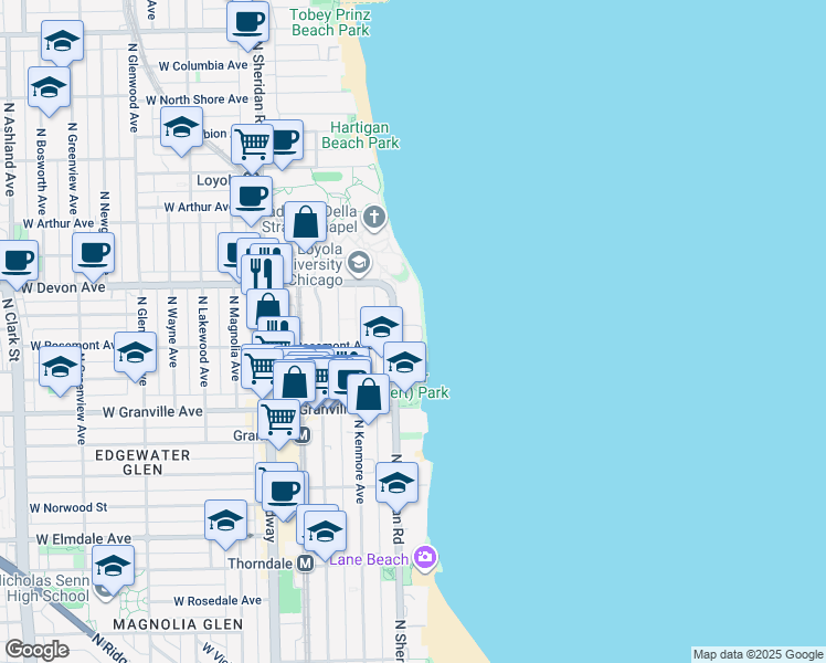 map of restaurants, bars, coffee shops, grocery stores, and more near 6301 North Sheridan Road in Chicago