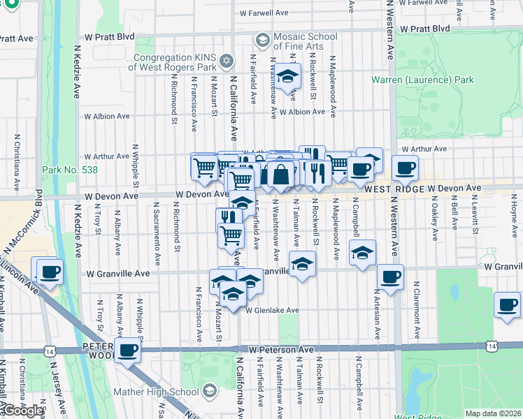 map of restaurants, bars, coffee shops, grocery stores, and more near 2653 West Devon Avenue in Chicago