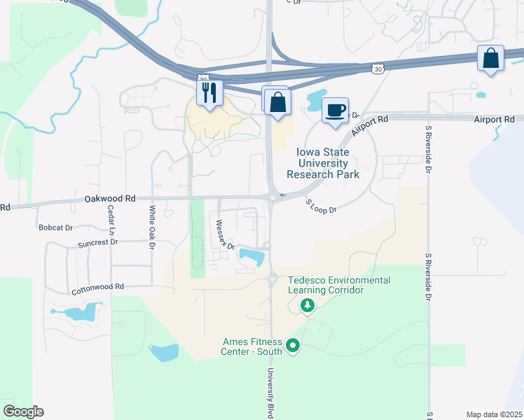 map of restaurants, bars, coffee shops, grocery stores, and more near 2826 Heathrow Drive in Ames