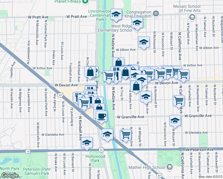 map of restaurants, bars, coffee shops, grocery stores, and more near 6344 North Kedzie Avenue in Chicago