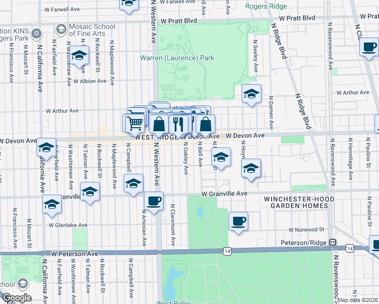 map of restaurants, bars, coffee shops, grocery stores, and more near 6327 North Oakley Avenue in Chicago