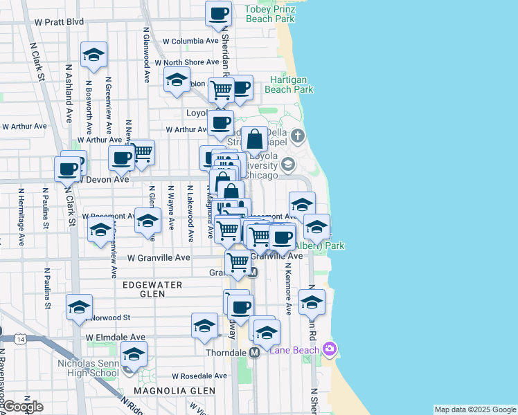map of restaurants, bars, coffee shops, grocery stores, and more near 6314 North Winthrop Avenue in Chicago