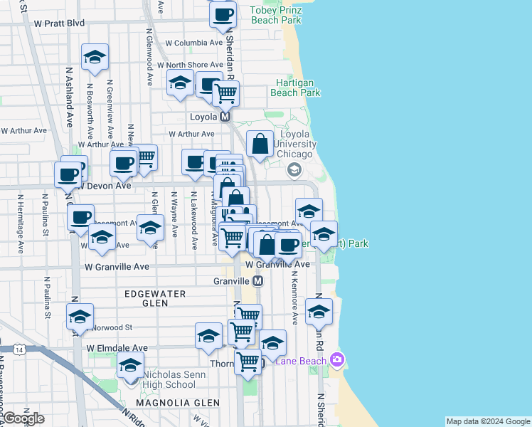 map of restaurants, bars, coffee shops, grocery stores, and more near 6314 North Winthrop Avenue in Chicago