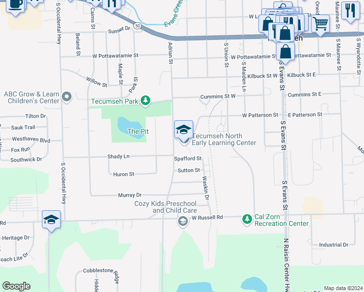 map of restaurants, bars, coffee shops, grocery stores, and more near 600 Adrian Street in Tecumseh