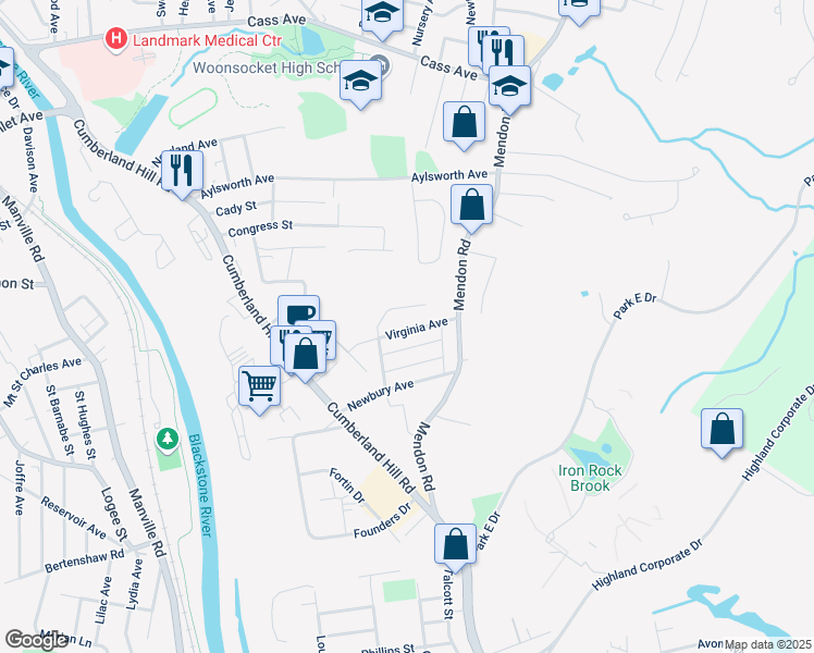 map of restaurants, bars, coffee shops, grocery stores, and more near 107 Virginia Avenue in Woonsocket