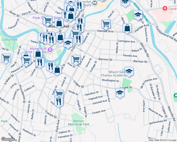 map of restaurants, bars, coffee shops, grocery stores, and more near 98 Crawford Street in Woonsocket