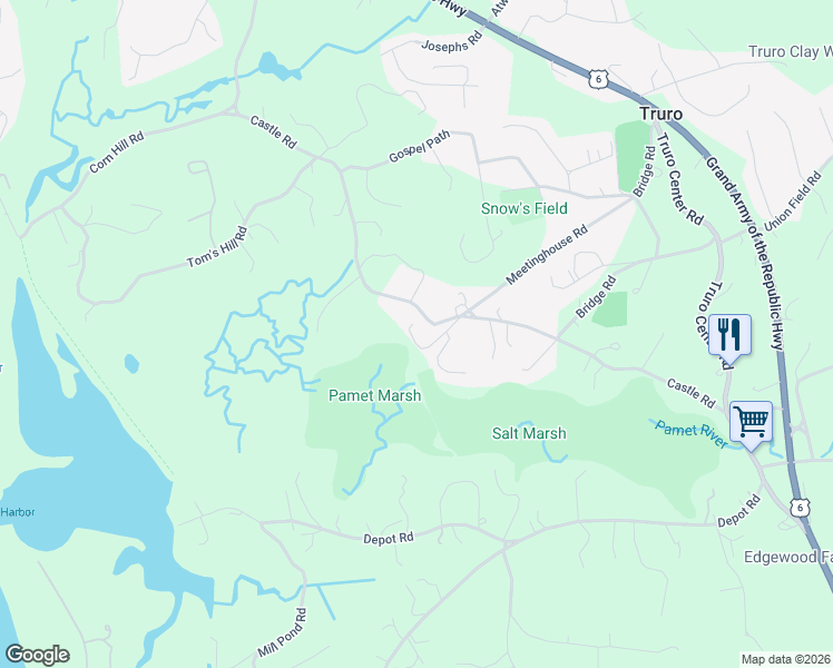 map of restaurants, bars, coffee shops, grocery stores, and more near 46 Castle Road in Truro