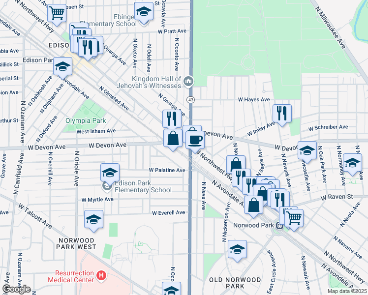 map of restaurants, bars, coffee shops, grocery stores, and more near 6400 North Northwest Highway in Chicago