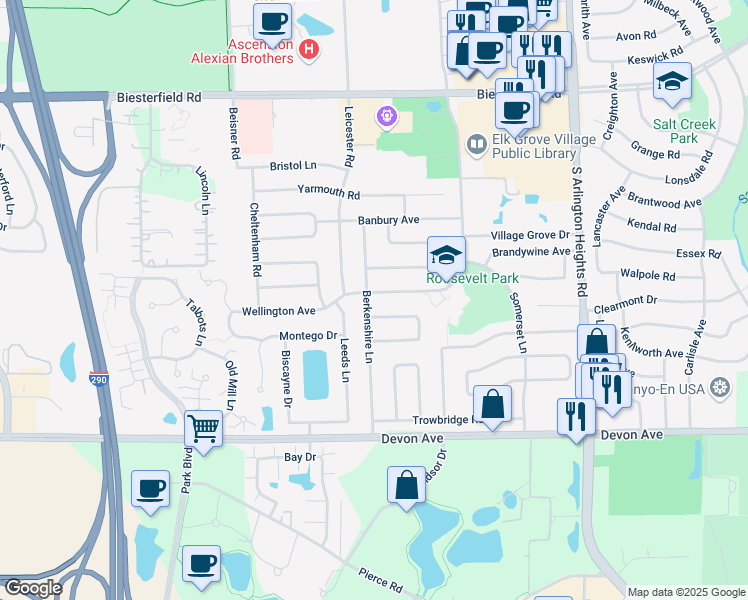 map of restaurants, bars, coffee shops, grocery stores, and more near 399 Wellington Avenue in Elk Grove Village