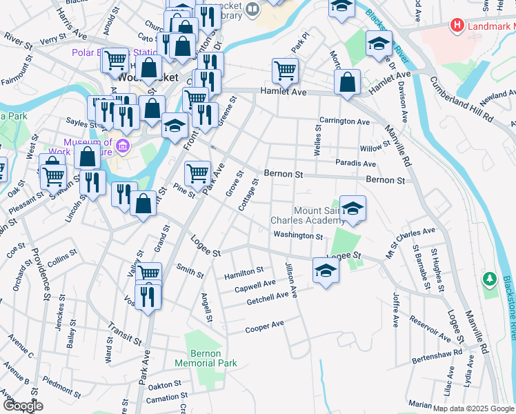 map of restaurants, bars, coffee shops, grocery stores, and more near 39 Unity Street in Woonsocket