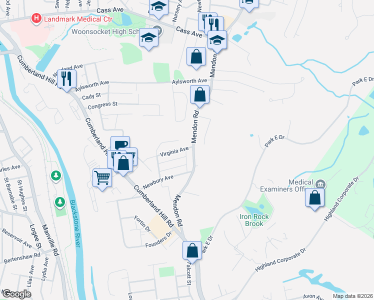 map of restaurants, bars, coffee shops, grocery stores, and more near 26 Virginia Avenue in Woonsocket