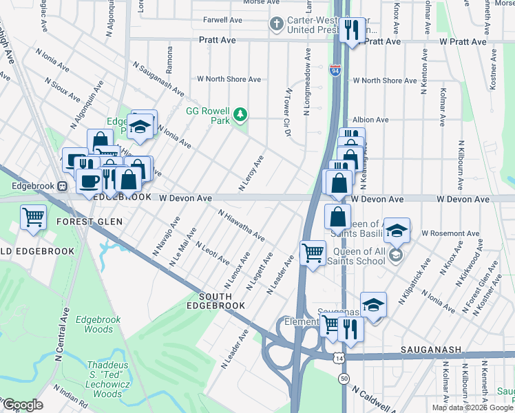 map of restaurants, bars, coffee shops, grocery stores, and more near 6339 North Leona Avenue in Chicago