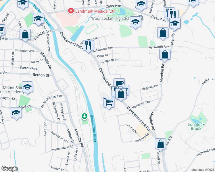 map of restaurants, bars, coffee shops, grocery stores, and more near 625 Cumberland Hill Road in Woonsocket