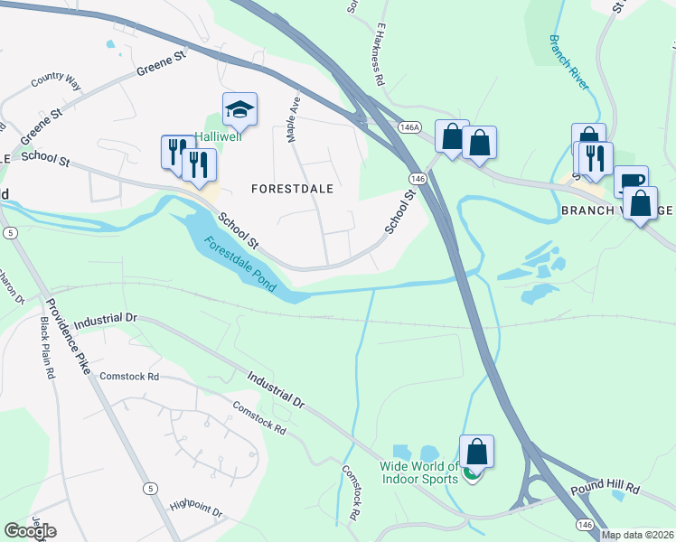 map of restaurants, bars, coffee shops, grocery stores, and more near 134 School Street in North Smithfield