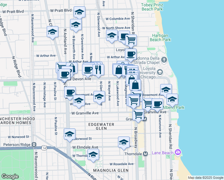 map of restaurants, bars, coffee shops, grocery stores, and more near 6322 North Wayne Avenue in Chicago
