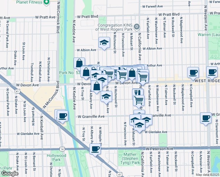 map of restaurants, bars, coffee shops, grocery stores, and more near in Chicago