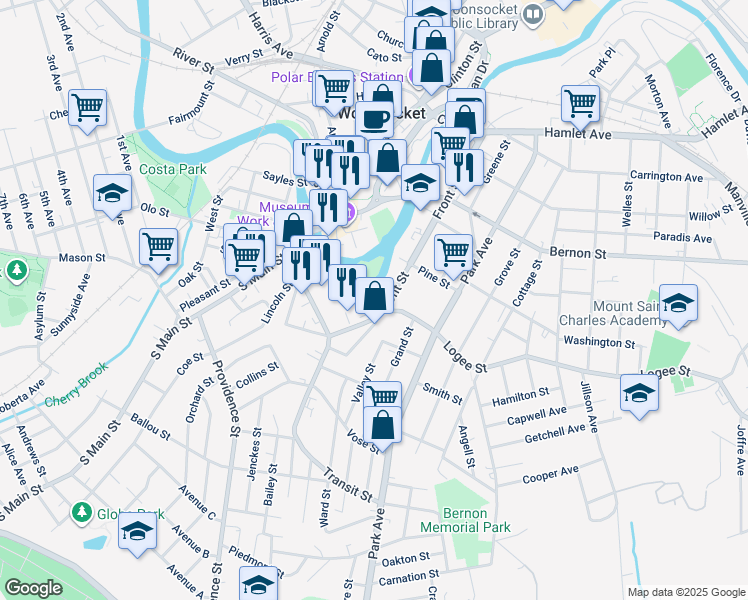 map of restaurants, bars, coffee shops, grocery stores, and more near 495 Front Street in Woonsocket