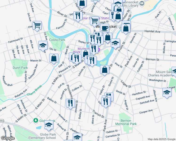map of restaurants, bars, coffee shops, grocery stores, and more near 9 New Street in Woonsocket