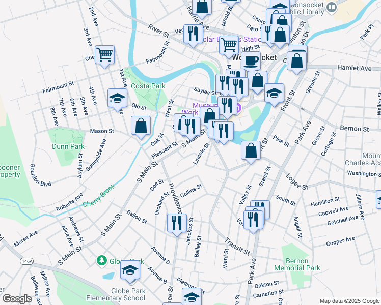 map of restaurants, bars, coffee shops, grocery stores, and more near 39 Parker Street in Woonsocket
