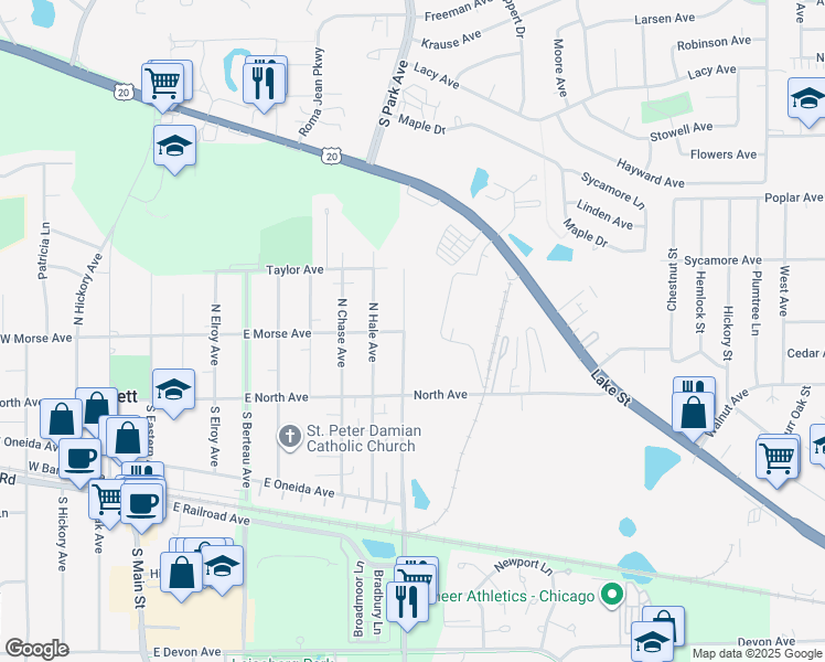 map of restaurants, bars, coffee shops, grocery stores, and more near 141 North Prospect Avenue in Streamwood
