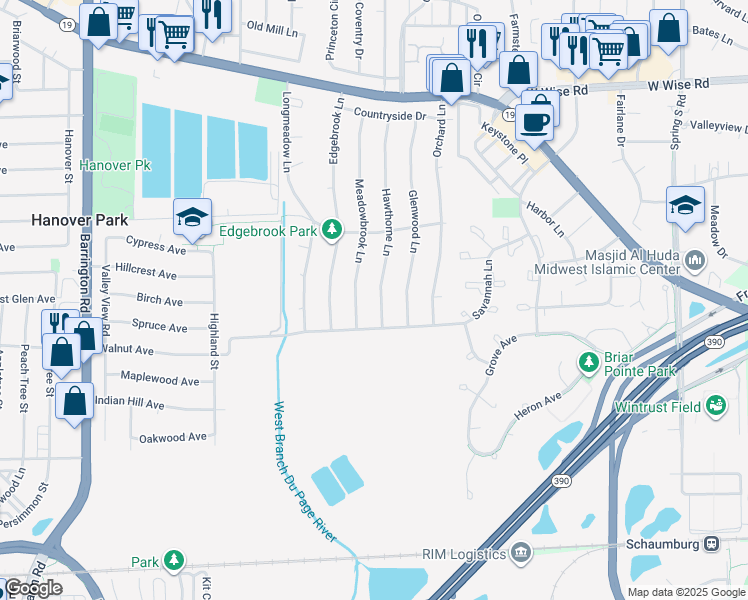 map of restaurants, bars, coffee shops, grocery stores, and more near 6846 Hawthorne Lane in Hanover Park