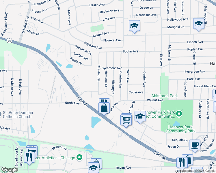 map of restaurants, bars, coffee shops, grocery stores, and more near 6879 Hemlock Street in Hanover Park