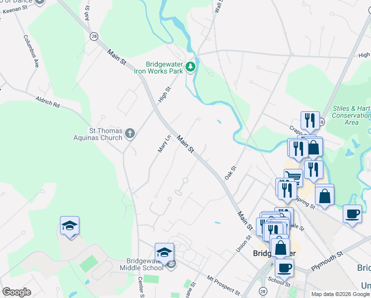 map of restaurants, bars, coffee shops, grocery stores, and more near 326 Main Street in Bridgewater