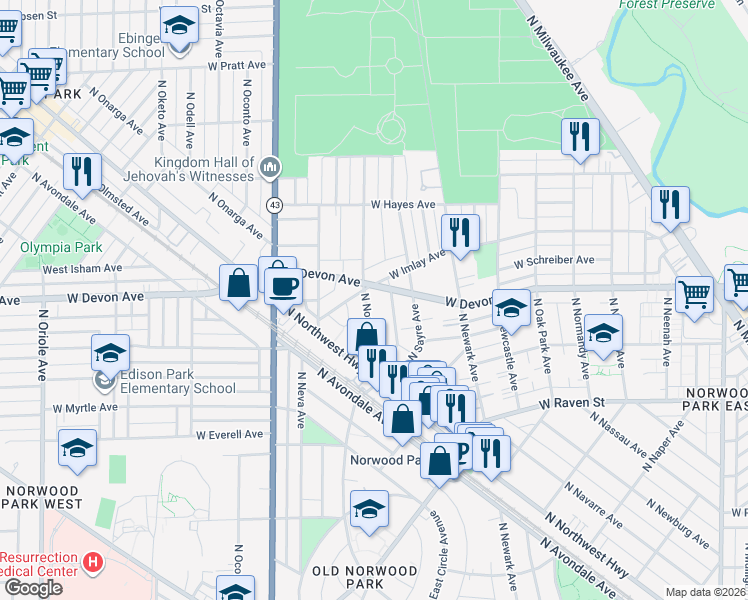 map of restaurants, bars, coffee shops, grocery stores, and more near 6335 North Nordica Avenue in Chicago