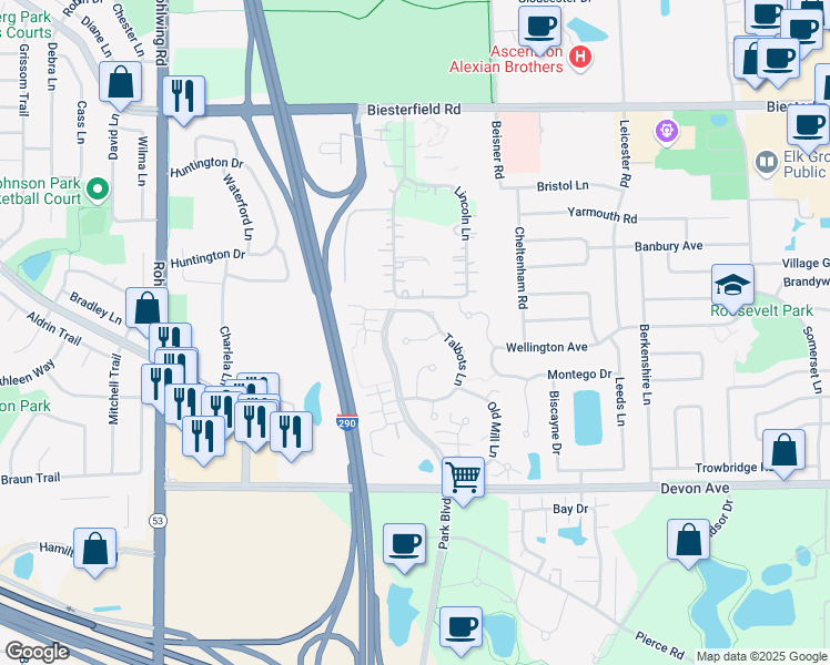 map of restaurants, bars, coffee shops, grocery stores, and more near 926 Little Falls Court in Elk Grove Village