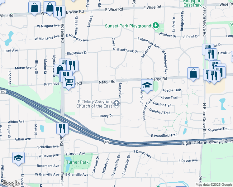 map of restaurants, bars, coffee shops, grocery stores, and more near 1616 Larson Lane in Roselle