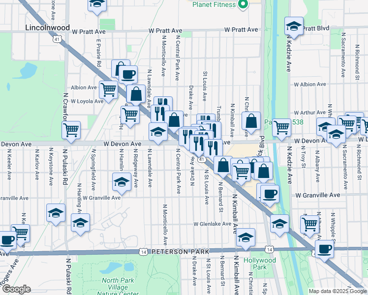 map of restaurants, bars, coffee shops, grocery stores, and more near 6368 North Lincoln Avenue in Chicago