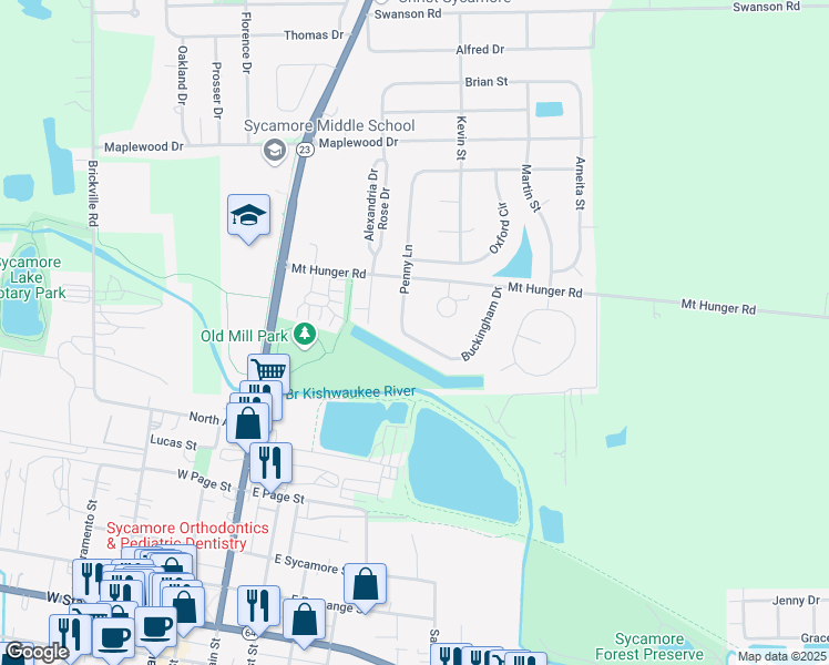 map of restaurants, bars, coffee shops, grocery stores, and more near 115 Penny Lane in Sycamore