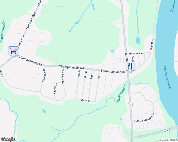 map of restaurants, bars, coffee shops, grocery stores, and more near 621 Thompsonville Road in Suffield