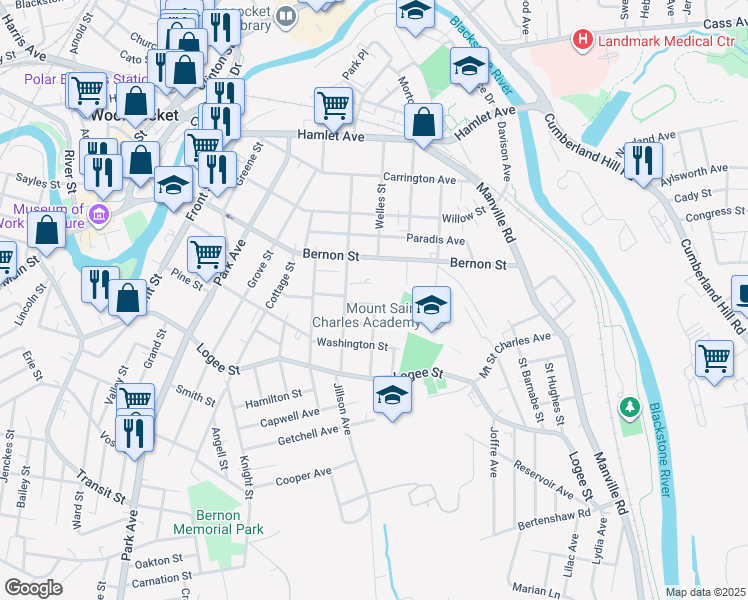 map of restaurants, bars, coffee shops, grocery stores, and more near 31 Saint Joseph Street in Woonsocket