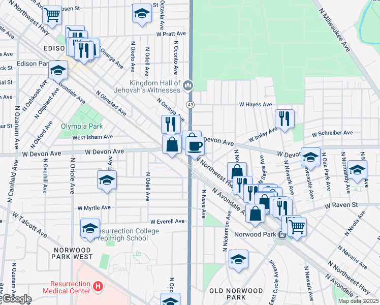 map of restaurants, bars, coffee shops, grocery stores, and more near N Northwest Hwy & N Harlem Ave in Chicago