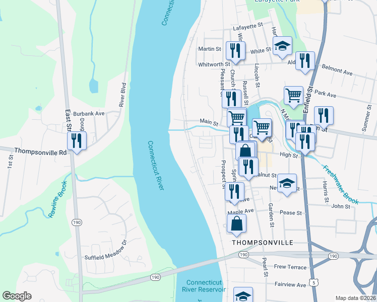 map of restaurants, bars, coffee shops, grocery stores, and more near 30 South River Street in Enfield
