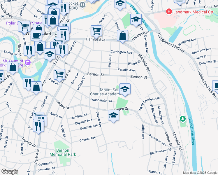 map of restaurants, bars, coffee shops, grocery stores, and more near 78 Saint Joseph Street in Woonsocket