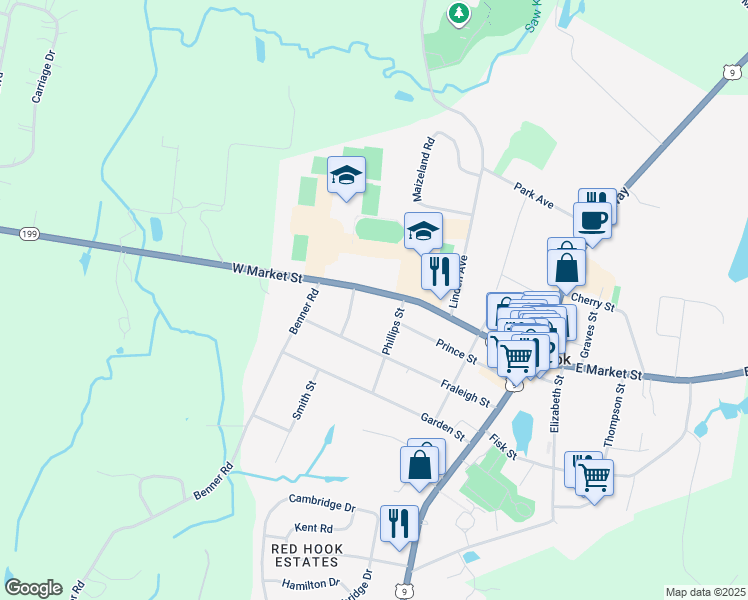 map of restaurants, bars, coffee shops, grocery stores, and more near 80 New York 199 in Red Hook