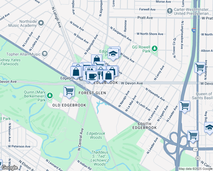map of restaurants, bars, coffee shops, grocery stores, and more near 5327 West Devon Avenue in Chicago