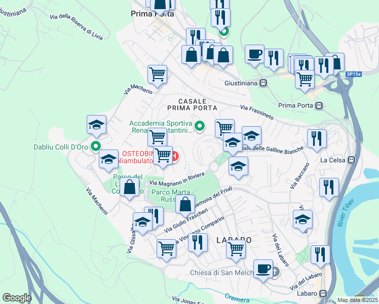 map of restaurants, bars, coffee shops, grocery stores, and more near 21 Via Treviolo in Roma