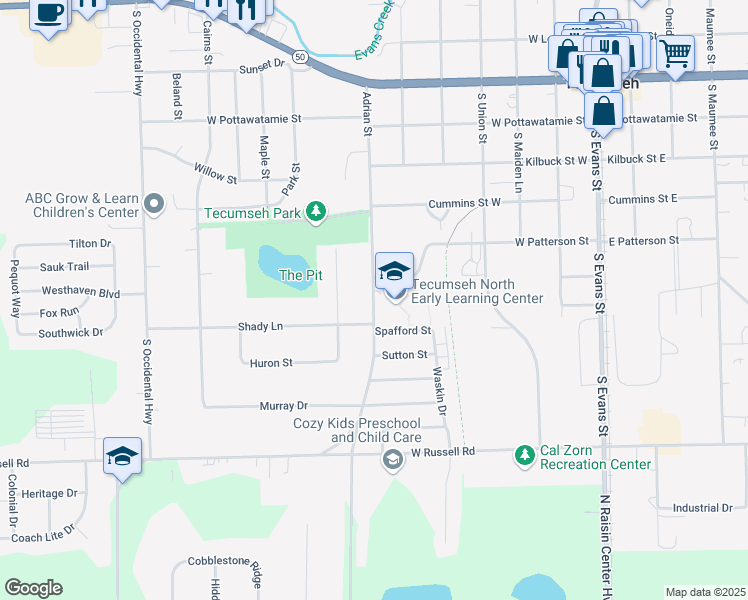 map of restaurants, bars, coffee shops, grocery stores, and more near 600 Adrian Street in Tecumseh