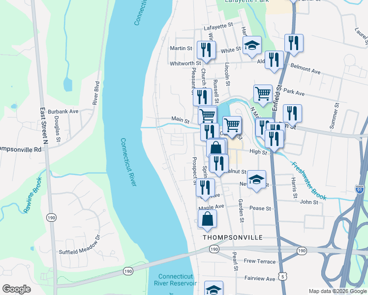 map of restaurants, bars, coffee shops, grocery stores, and more near 28 Prospect Street in Enfield