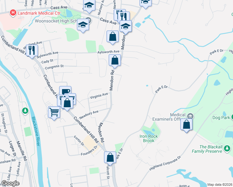 map of restaurants, bars, coffee shops, grocery stores, and more near 171 Dudley Street in Woonsocket