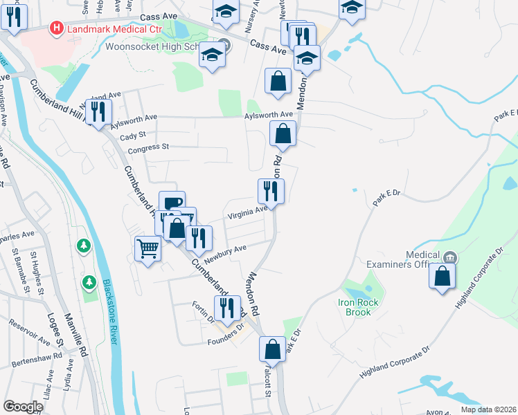 map of restaurants, bars, coffee shops, grocery stores, and more near 26 Virginia Avenue in Woonsocket
