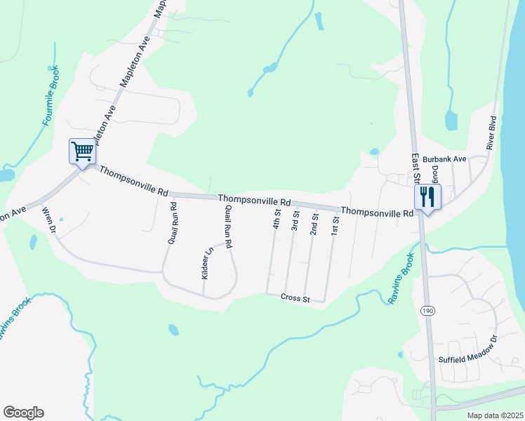 map of restaurants, bars, coffee shops, grocery stores, and more near 545 Thompsonville Road in Suffield