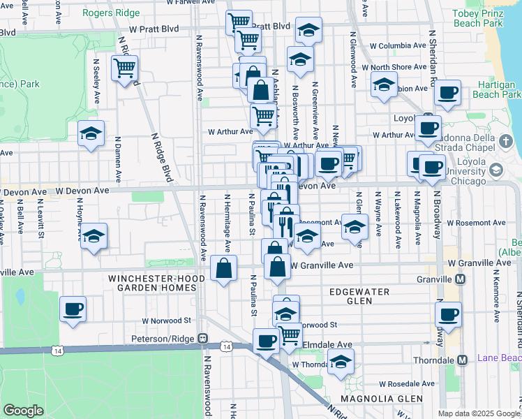 map of restaurants, bars, coffee shops, grocery stores, and more near 6350 North Paulina Street in Chicago