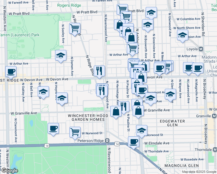 map of restaurants, bars, coffee shops, grocery stores, and more near 1785 West Devon Avenue in Chicago