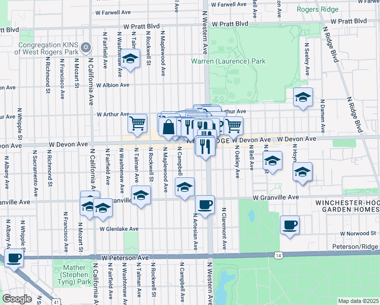 map of restaurants, bars, coffee shops, grocery stores, and more near in Chicago
